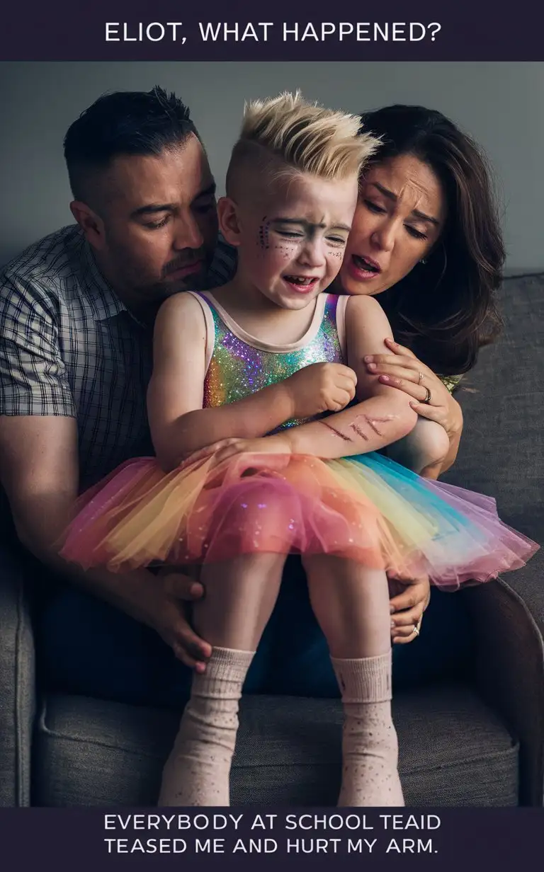 Gender role-reversal, Photograph of a Cute little boy age 6 with short smart blonde spiky hair shaved on the sides wearing a sparkly rainbow-colored ballerina dress and socks and face-paint, the boy is arriving home from school in tears with scratches on his arm, his worried mum and dad are scooping him up in their arms and hugging him on the sofa, adorable, perfect children faces, perfect faces, clear faces, perfect eyes, perfect noses, smooth skin, top captions “Eliot, what happened?”, bottom captions “everybody at school teased me and hurt my arm”