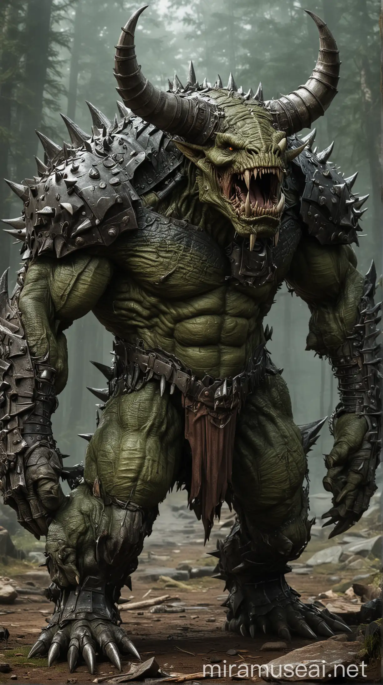 *Name:* Skarvok
*Appearance:* Massive, hulking creature with armored plates, sharp horns, and a maw full of razor-sharp teeth.
