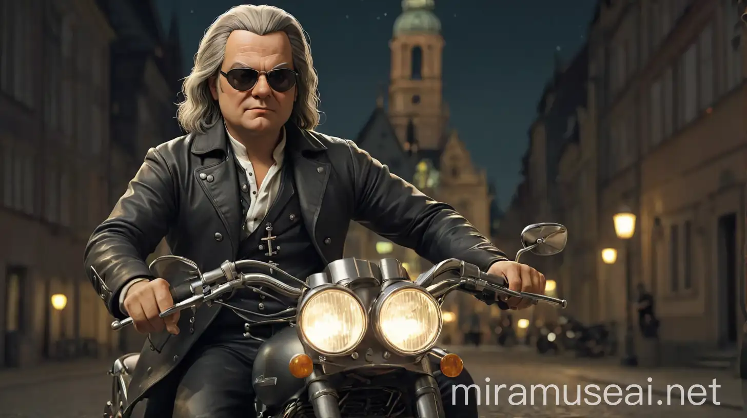 Johann Sebastian Bach wearing dark glasses, with his motorcycle at night in Leipzig