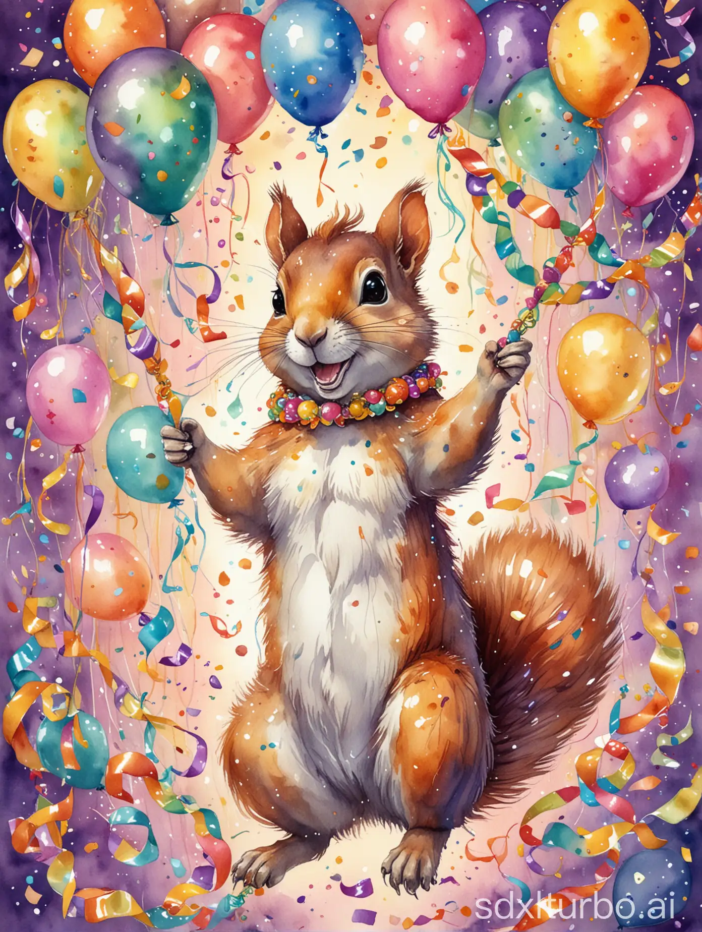 happy squirrel in carnival, mardi gras, balloons, paper streamers and garlands, confetti, colourful lights, art nouveau style, aquarell