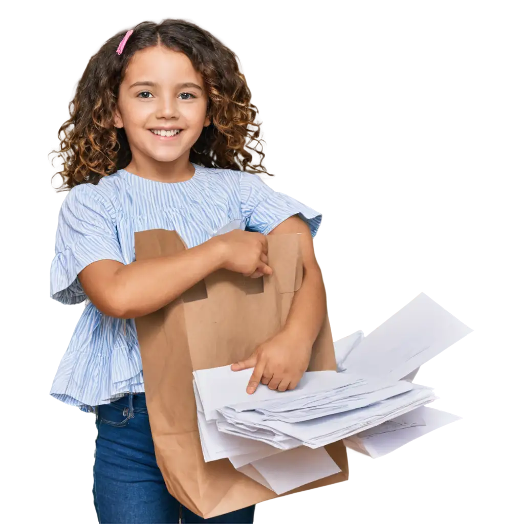 child with bundle of worksheets