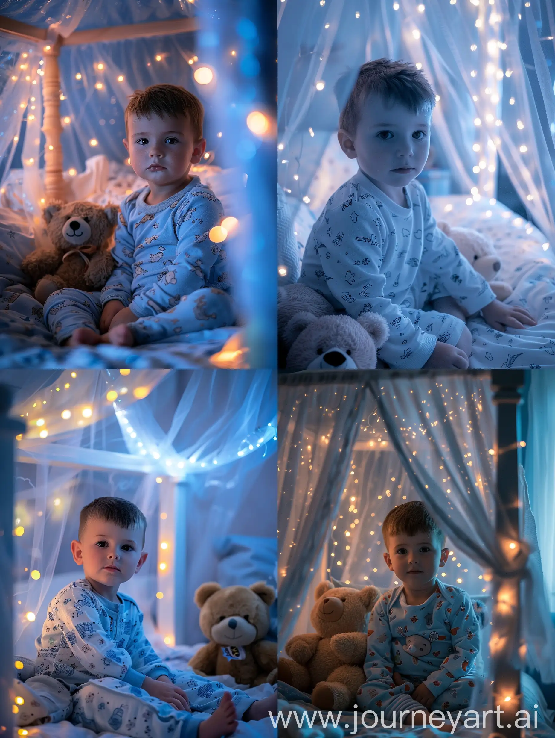 A little boy with short hair in pajamas is sitting on a four-poster bed, the canopy glows with lights, next to a teddy bear, close-up, realistic photo, hyperrealism, face is clearly visible, looking at the camera, photo in blue and white tones, close-up photo, light photography