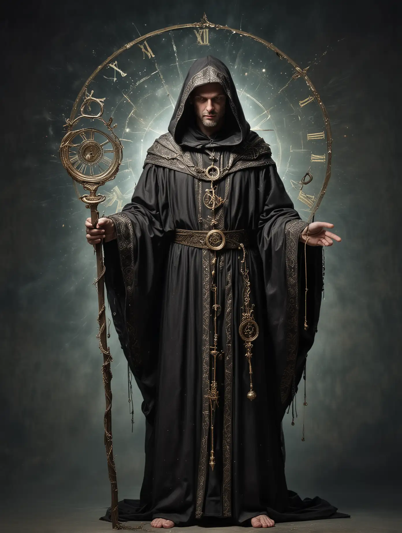 Mystical Priest with Shimmering Robe and ClockTopped Staff