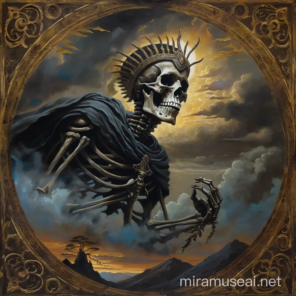 an image of a nature god of death in the sky, in the art style of Salvatore Rosa, dark fantasy inspired, the painting is highly detailed with intricate designs in the background, highly detailed mummified skeletal face, dreamlike imagery, and is faded and done with oil paint, the images are dreamlike and ethereal, the image looks like paint has started peeling off like on an aged painting 