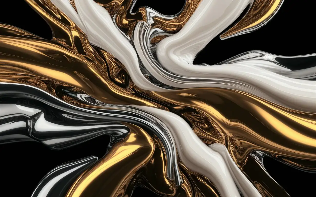 gold white silver liquid metal on a black background, abstract