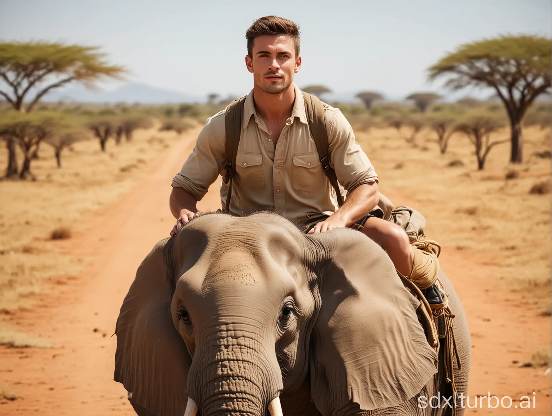 Handsome guy, middle distance, handsome guy riding an elephant, African savanna
