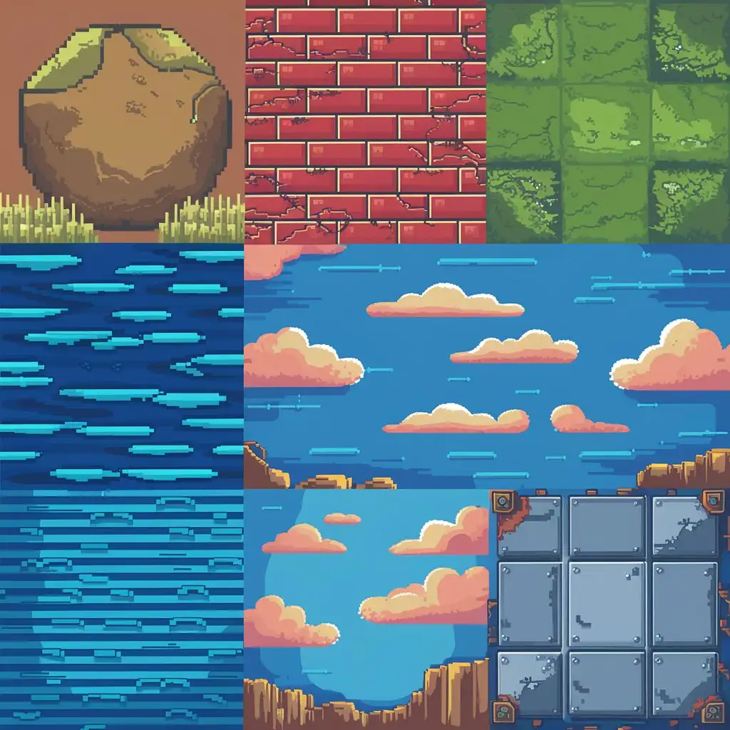 Dalle 3-, please create pixelated aset texture for a 2D platformer game according to the following descriptions:

Earth and grass texture for platforms and backgrounds, with shades of brown and green.
Brick texture for buildings, with shades of red and brown, and some cracks and moss for details.
Water texture with shades of blue and navy, with ripple circles for movement.
Blue or evening sky texture with shades of orange and pink, and fluffy clouds.
Plant and tree texture with shades of green and brown, and different shapes for variety.
Metal texture with shades of gray and silver for technological elements, with rust details.
Thank you!