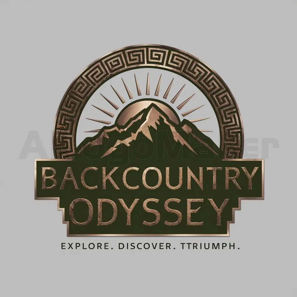 a logo design,with the text "Backcountry Odyssey   Explore. Discover. Triumph.", main symbol:Mountains, Sun, Ancient Greek fonts and trims, Dark forest green, Metallic bronze,Moderate,clear background