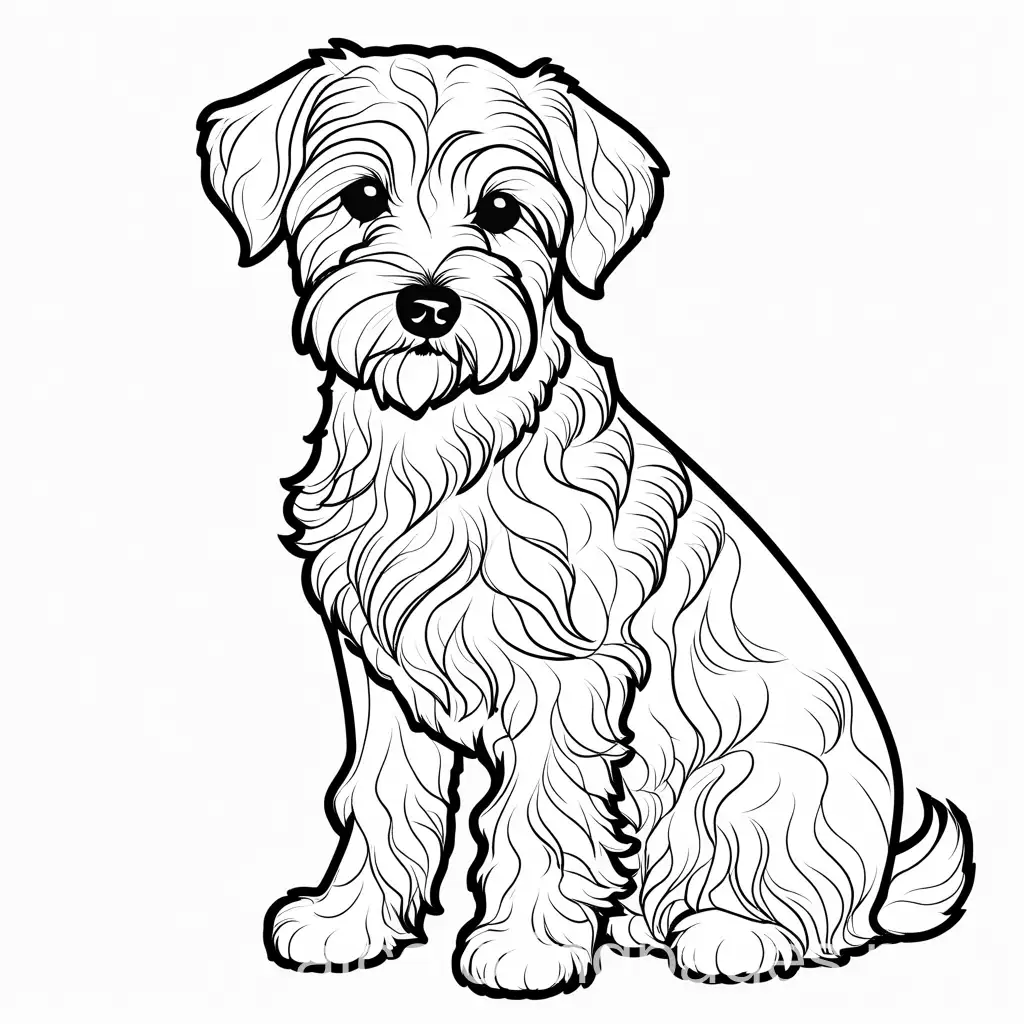 therapy dog, schnoodle, coloring page, Coloring Page, black and white, line art, white background, Simplicity, Ample White Space. The background of the coloring page is plain white to make it easy for young children to color within the lines. The outlines of all the subjects are easy to distinguish, making it simple for kids to color without too much difficulty