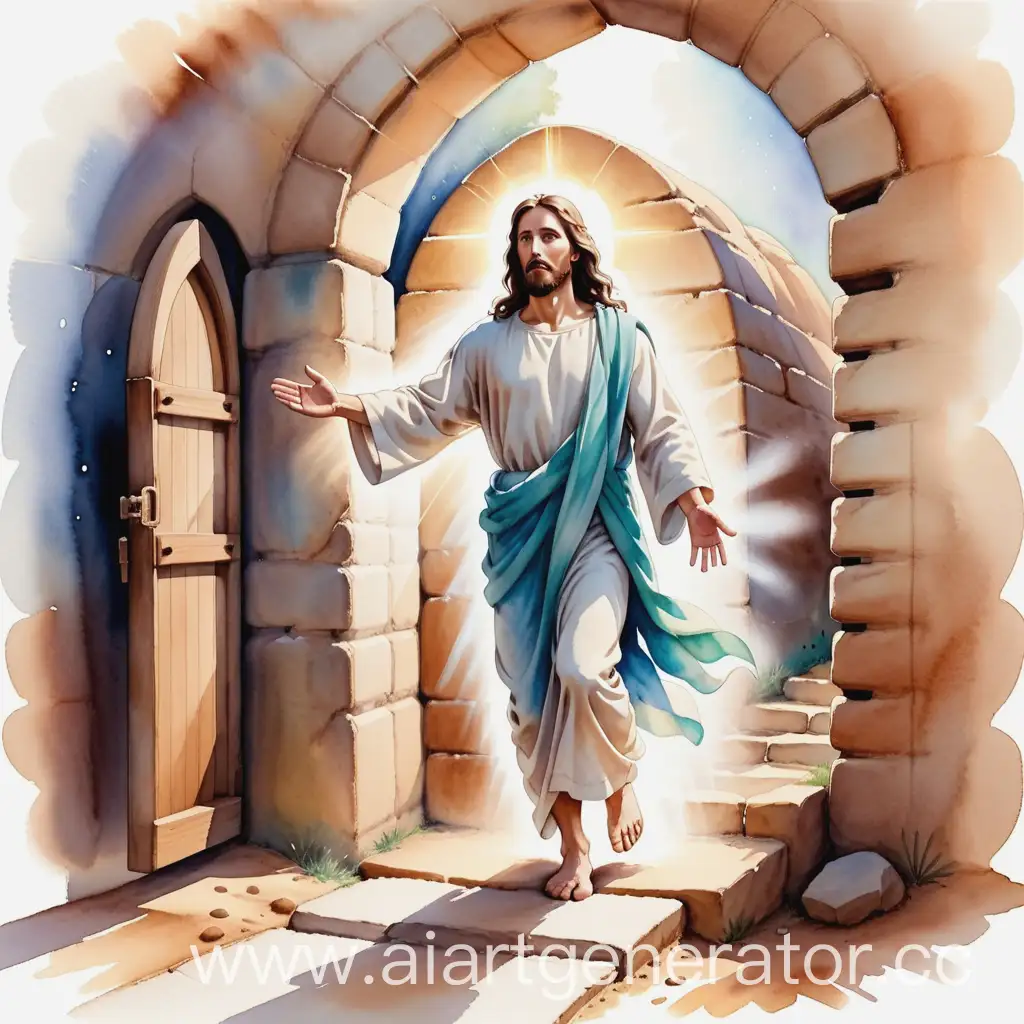 Рисунок иисус выходит из гроба вверх вспышки света  нарисовано акварелью на белом фоне