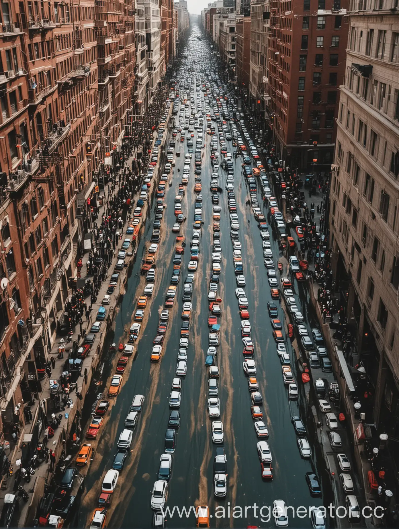 a river of cars moving through
the city