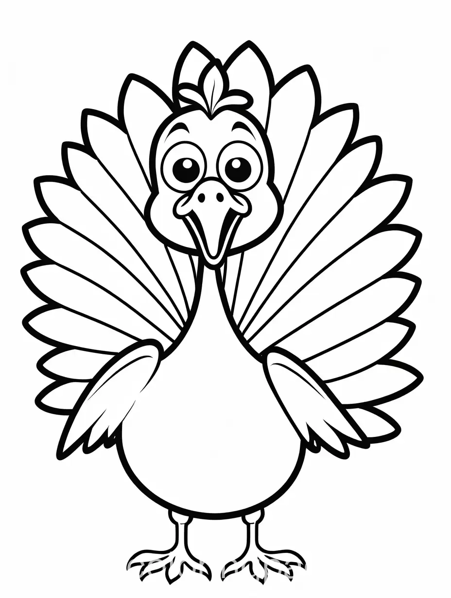 funny looking turkey, cartoon, pre school, Coloring Page, black and white, line art, white background, Simplicity, Ample White Space. The background of the coloring page is plain white to make it easy for young children to color within the lines. The outlines of all the subjects are easy to distinguish, making it simple for kids to color without too much difficulty