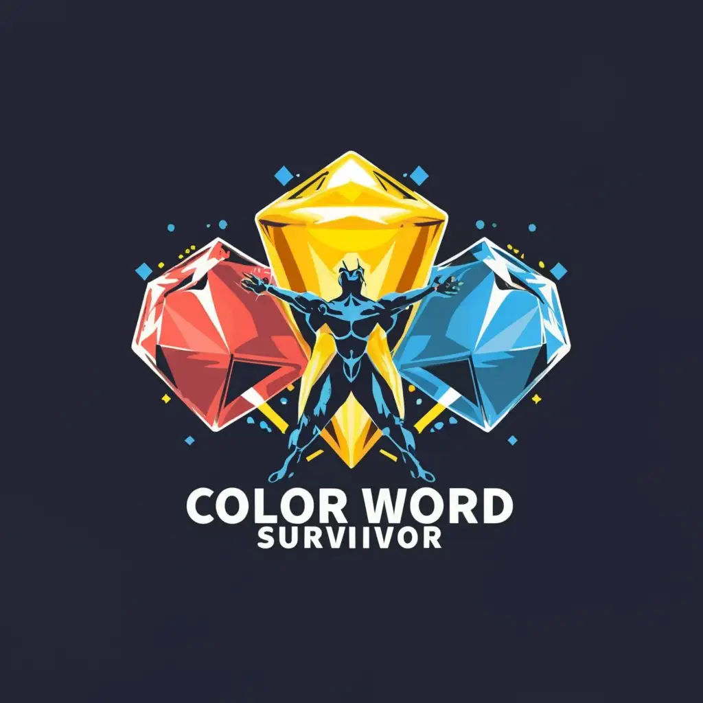 a logo design,with the text "Three square gems with colors red blue yellow and a hero in the middle", main symbol:Color World Survivor,Moderate,be used in Entertainment industry,clear background