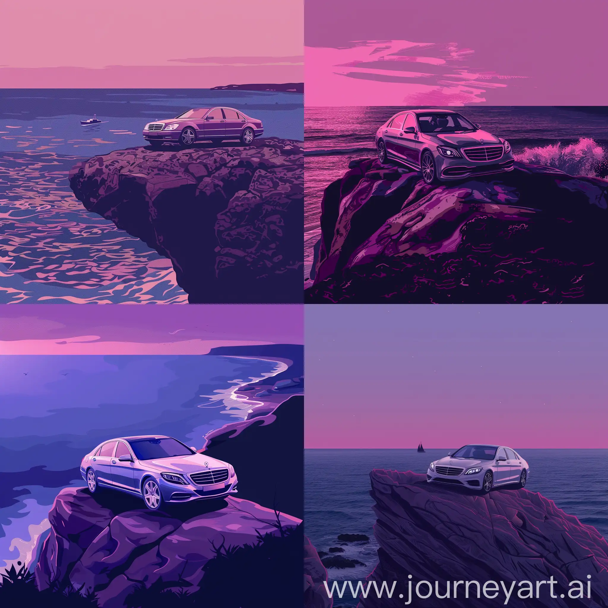 A vector art of a rock, ocean view, there is a Mercedes Benz S500 on the rock, it's evening, low purple theme