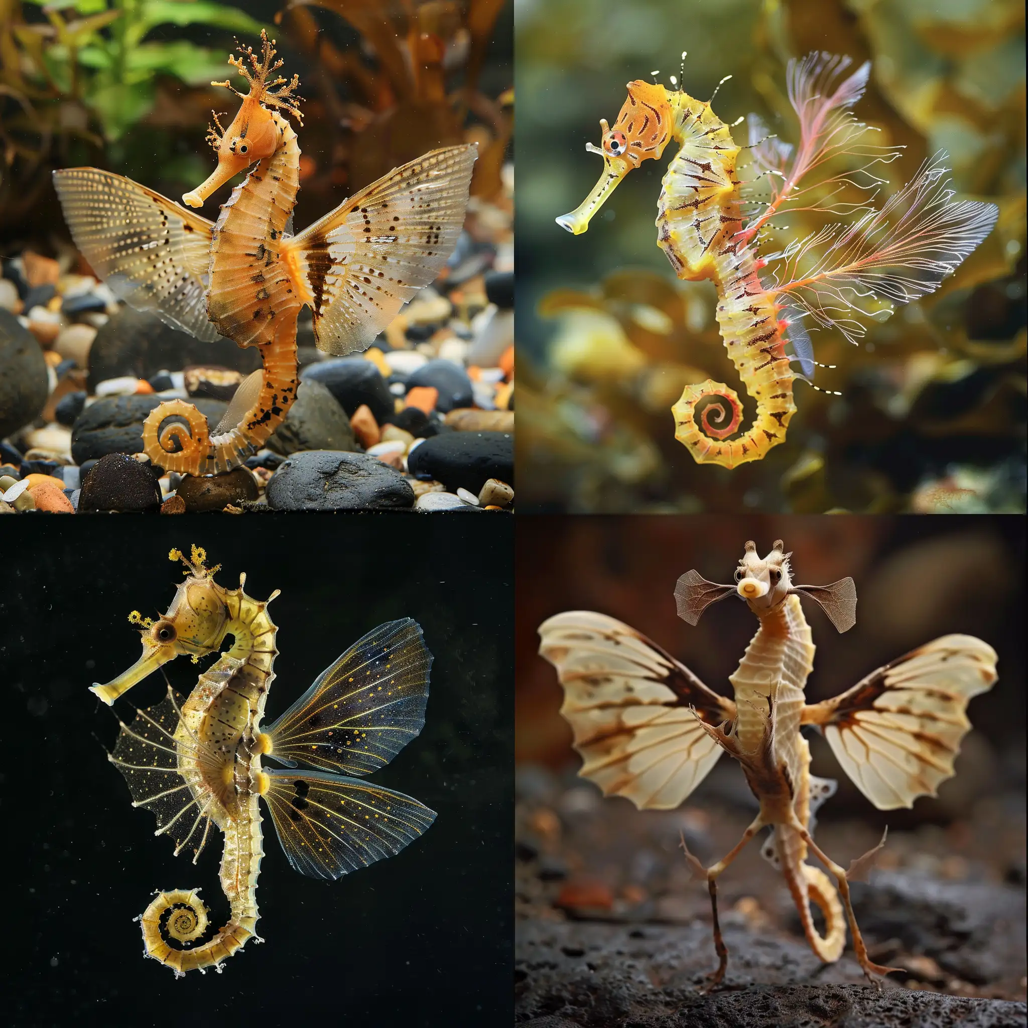 Full body shot, photo of animal known
as seafly( hybrid of seahorse with
butterfly wings), national geographic
style --style raw