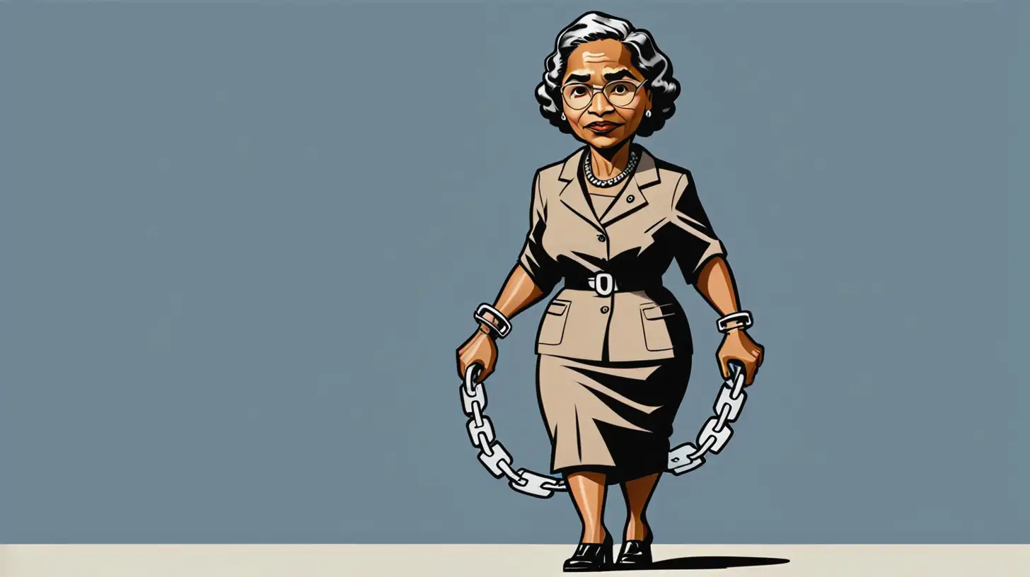 cartoon rosa parks walking with handcuffs on her hands behind her back