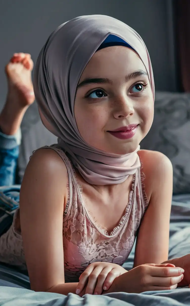 A innocent girl.  14 years old. She wears a hijab, loose lace tank top, skinny jeans,
She is beautiful. They lie on the bed.
Side eye view, petite, plump lips.  Elegant, pretty