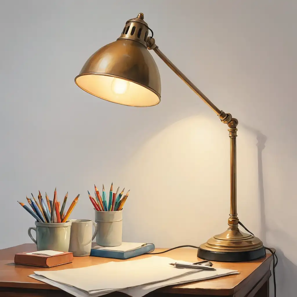 akvarel ilustrace,stolní lampička kancelářská, na stole je pouze lampa, bílé pozadí
