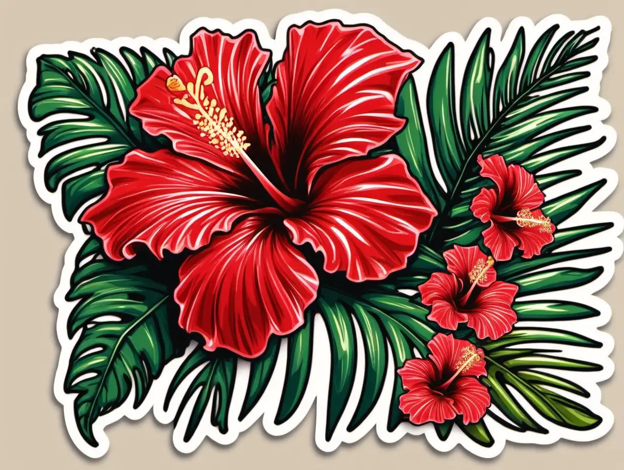 Tropical Red Hibiscus Flowers and Palm Tree Leaves Sticker