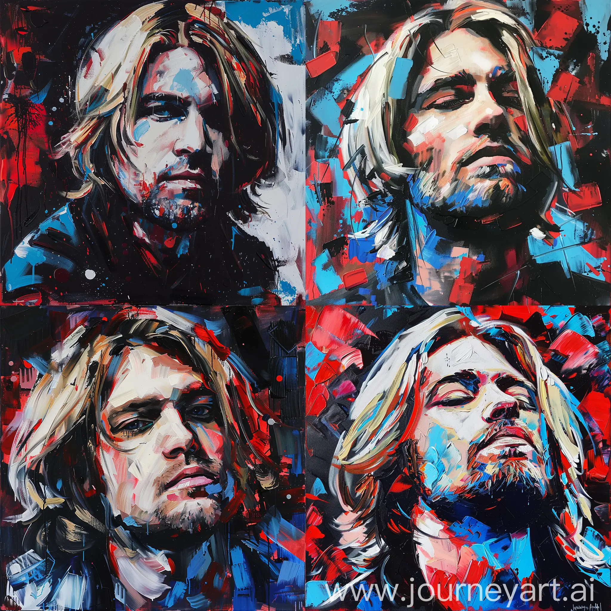 oil painting of kurt cobain in star wars style, The overall color palette of the painting should includes vibrant and bold colors such as red, blue, black, and white. The colors used in the painting are bright and vivid, reflecting a dynamic and energetic tone. 