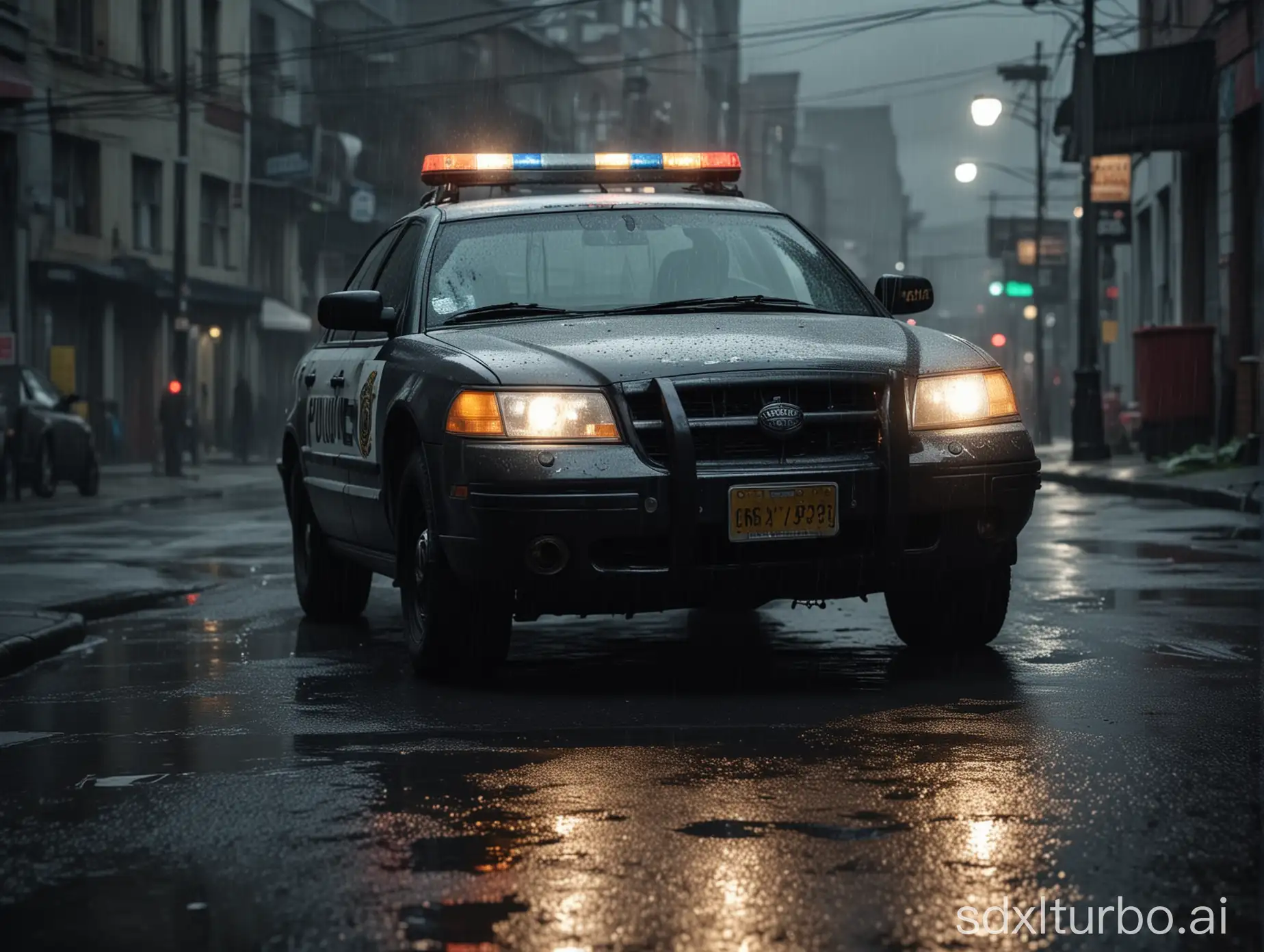 Close up on police car from the side in Dirty street in hood, rain, cinematic, dark ambiance, GTA style