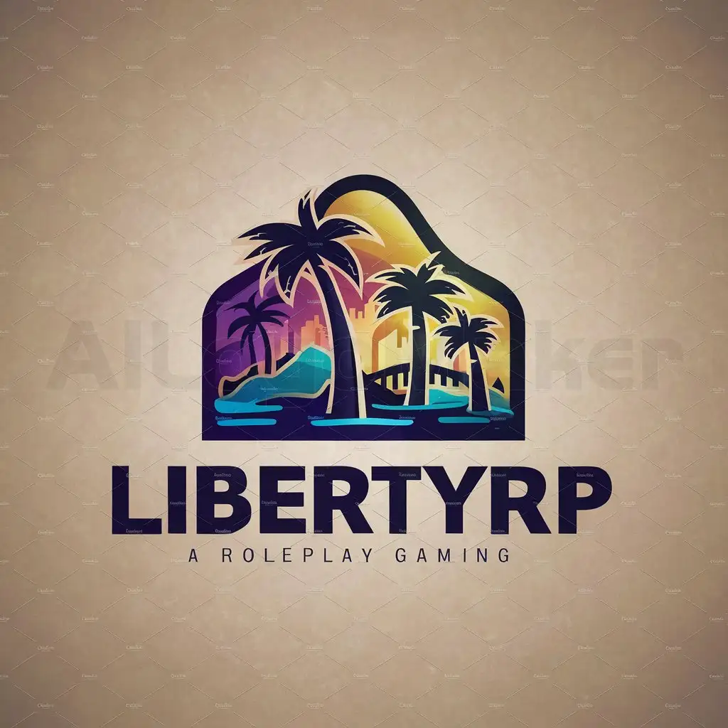 a logo design,with the text 'LibertyRP', main symbol:logo for roleplay games with a city, palm trees and an exotic color gradient,Moderate,be used in Others industry,white background