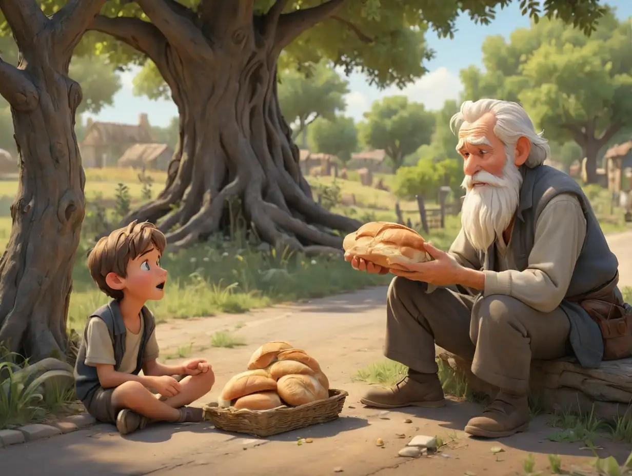 a young boy approached him and offered him some bread to old man sitting under a tree by the road. The man had a long white beard, 3d disney inspire