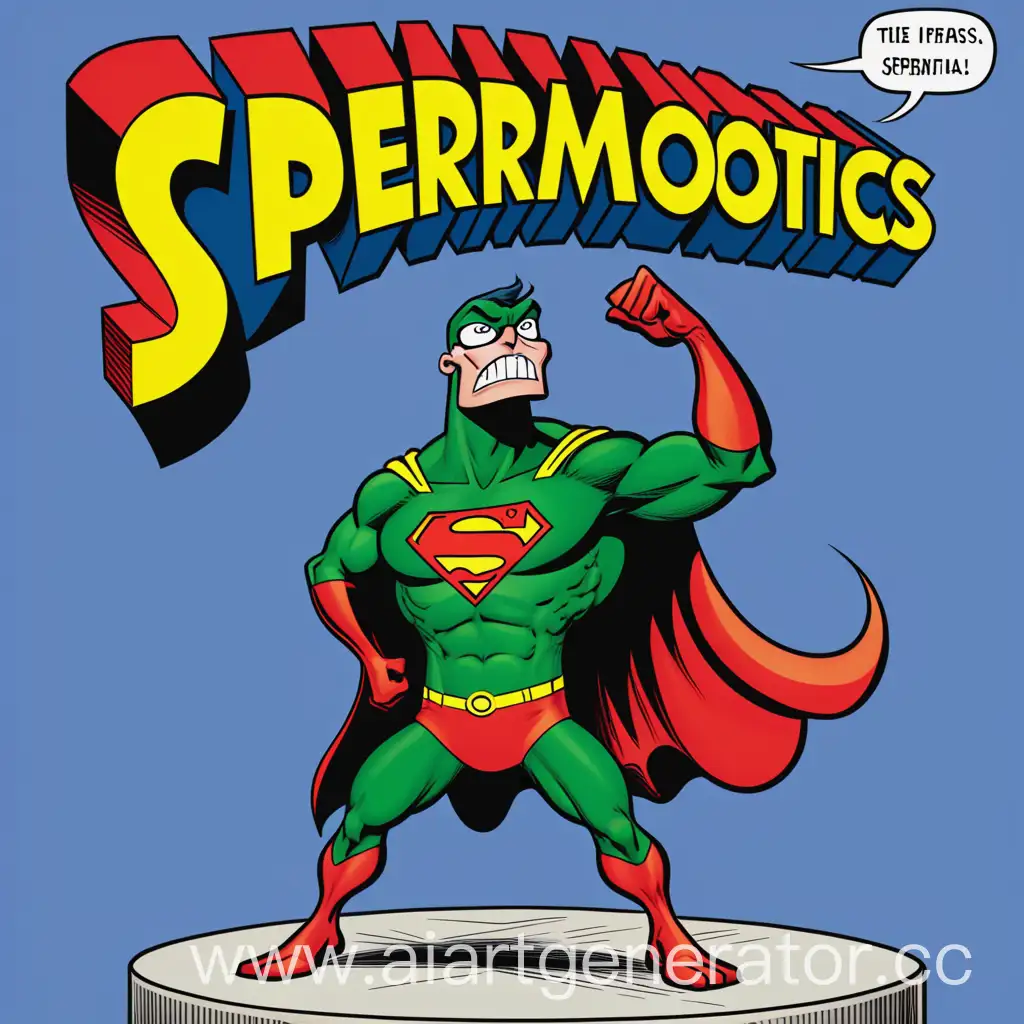 Comic-Book-Hero-Stands-Beneath-Spermoglotics-Inscription