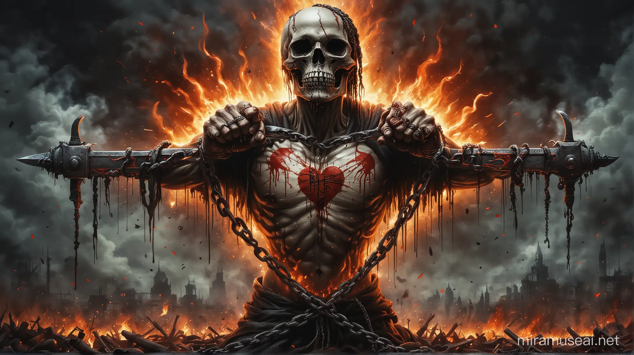 """

Depict a sword piercing through a heart with bloody hands.
Show a crowd rebelling against oppressors.
Depict a clenched fist emitting flames.
Skull: Symbol of death and destruction.
Fire: Symbol of anger and hatred.
Chains: Symbol of oppression and slavery.

"""