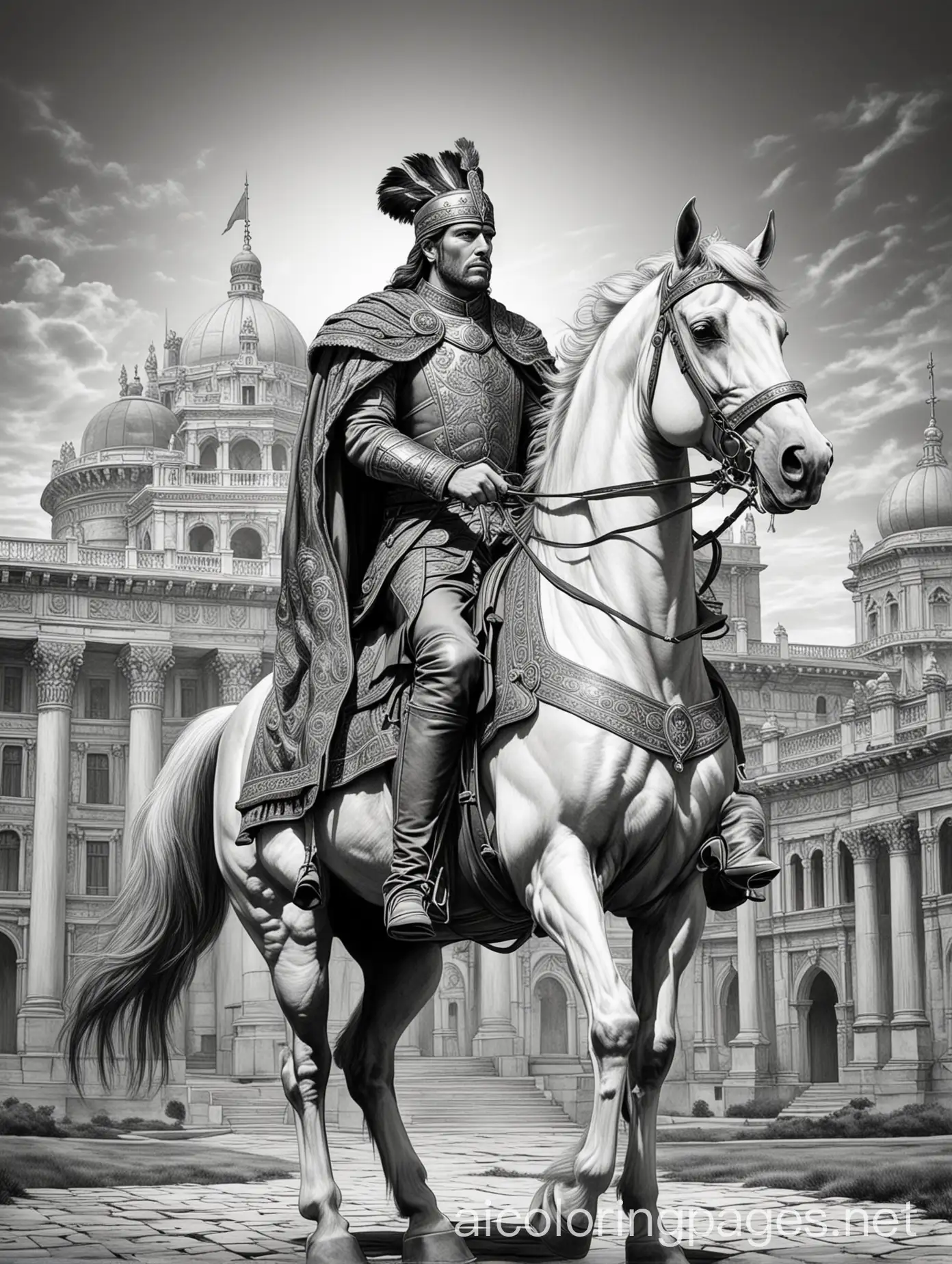 Ancient-American-King-on-Horseback-near-Palace-Coloring-Page