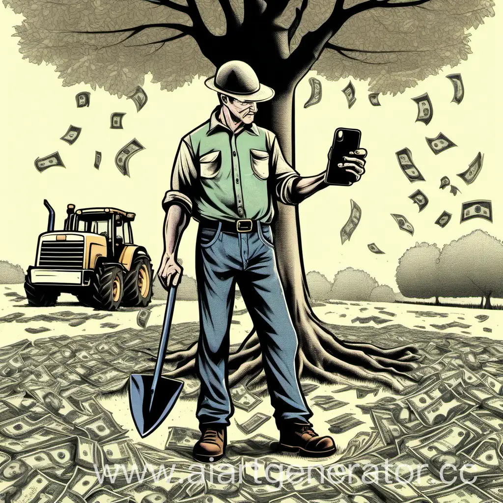 Стоит человек-фермер с лопатой в левой, воткнутой в землю, а в правой руке телефон. В кармане штанов у него виднеются деньги. Позади него дерево.