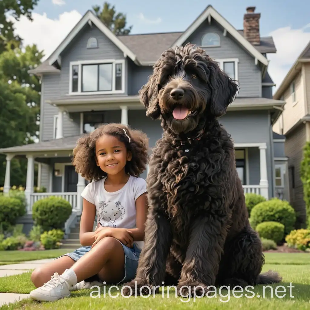 a large curly black labradoodle sitting in front of a suburban house next to a very young black girl, Coloring Page, black and white, line art, white background, Simplicity, Ample White Space. The background of the coloring page is plain white to make it easy for young children to color within the lines. The outlines of all the subjects are easy to distinguish, making it simple for kids to color without too much difficulty