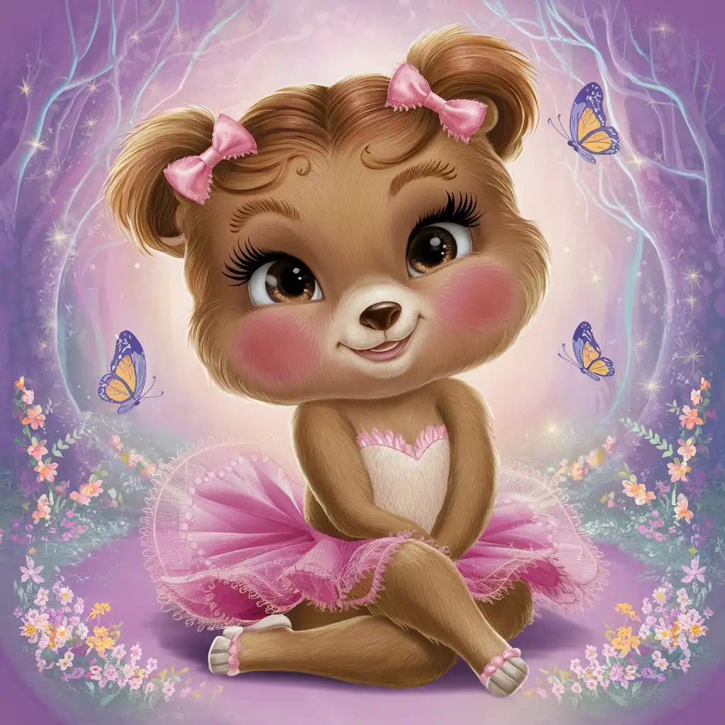 a glamorous girl bear with rosy cheeks wearing two bows on her ears and a pink tutu while sitting down