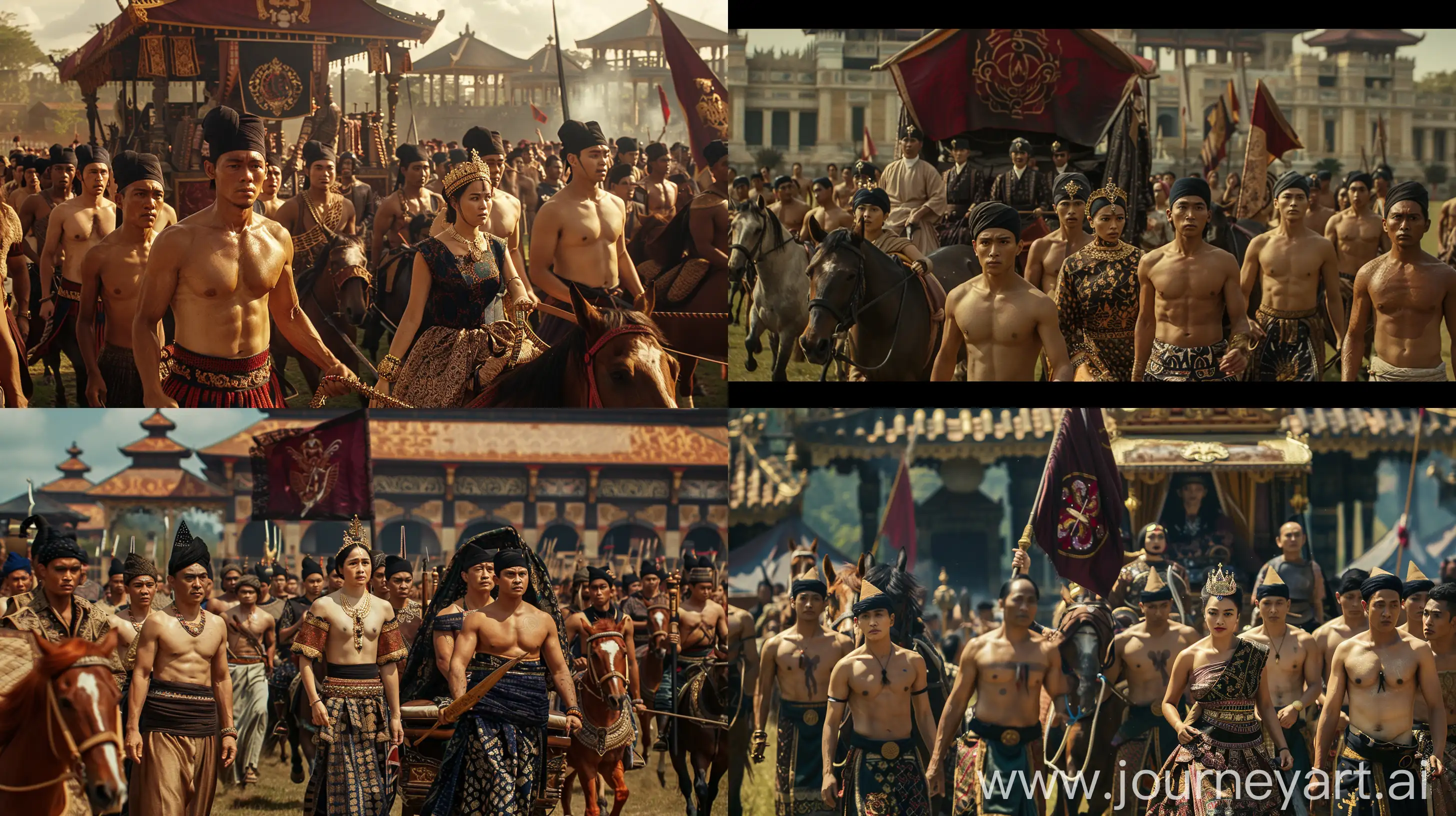 movie scene, the royal group is dressed in traditional Indonesian clothes without shirts, Indonesian faces, brown skin, hair tied in a bun, wearing black headbands, wearing batik skirts typical of the 14th century, some are wearing prisai, some are riding horses, they are carrying a palanquin, in The palanquin is a royal woman, dressed in a dress, and a gold ornament on her head, they also carry a dark red flag, on the flag is a keris logo, they arrive at the royal field, the background of the royal building. nice detail, --v 6 --ar 16:9