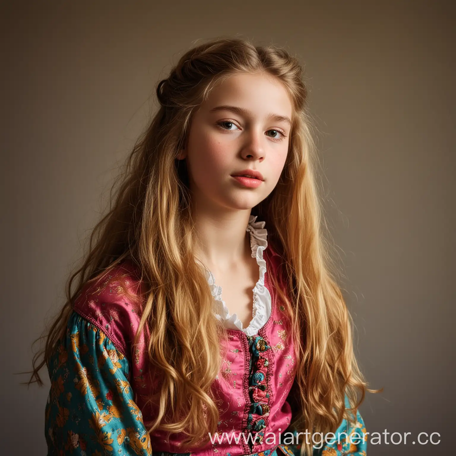 A portrait  of a pretty 12 year old girl with fluffy lips and straight hair from Holland twisting her body inclining her head looking a bit down,  in colorful clothes from the 17 century, in a light room with Rembrandt lighting in her face with high contrast
