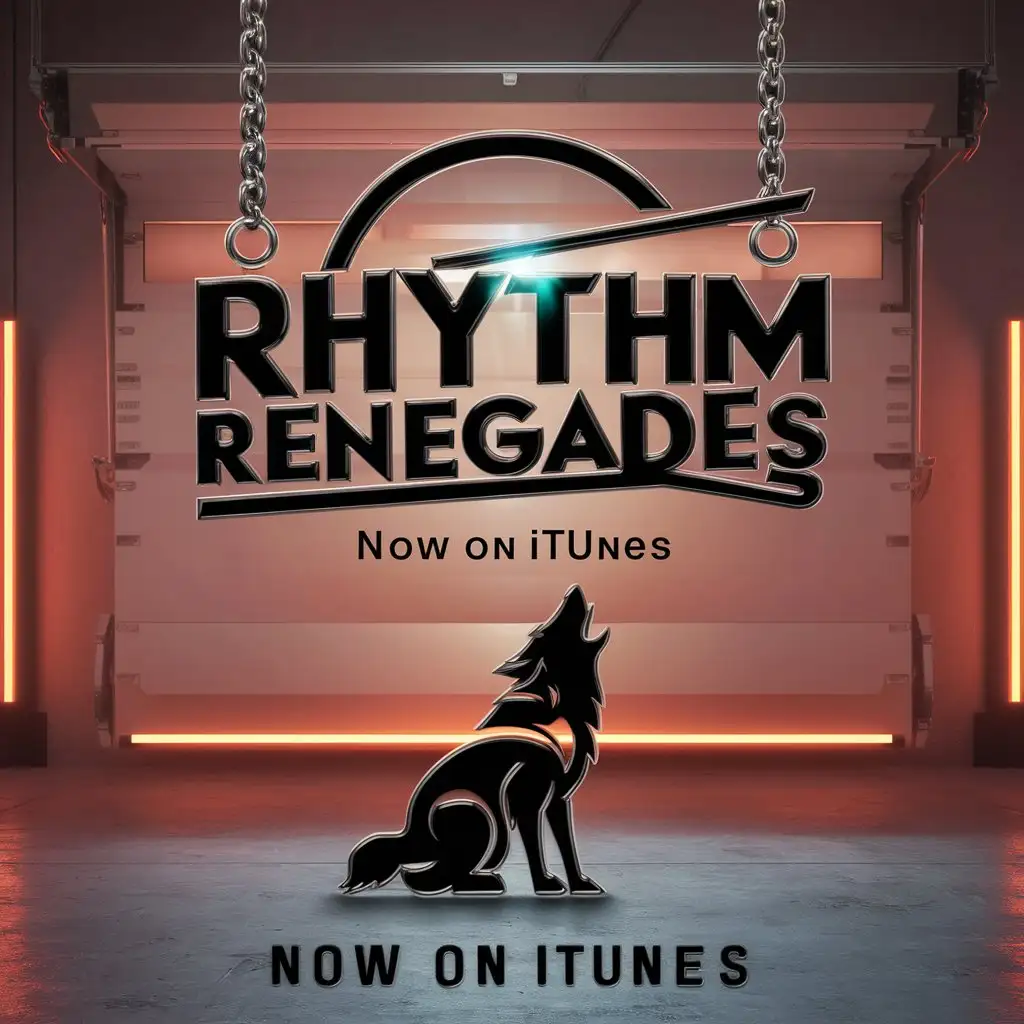 a logo design,with the text "RHYTHM RENEGADES", main symbol: Vivid metal logo sign named "Rhythm Renegades" with additional text below saying "Now On ITUNES". The sign is hanging from two chains with a wolf howling at the moon logo in the foreground. The whole scene is set in a garage-like ambiance, with neon orange lighting glowing distantly in the background.,Minimalistic,be used in Technology industry,clear background