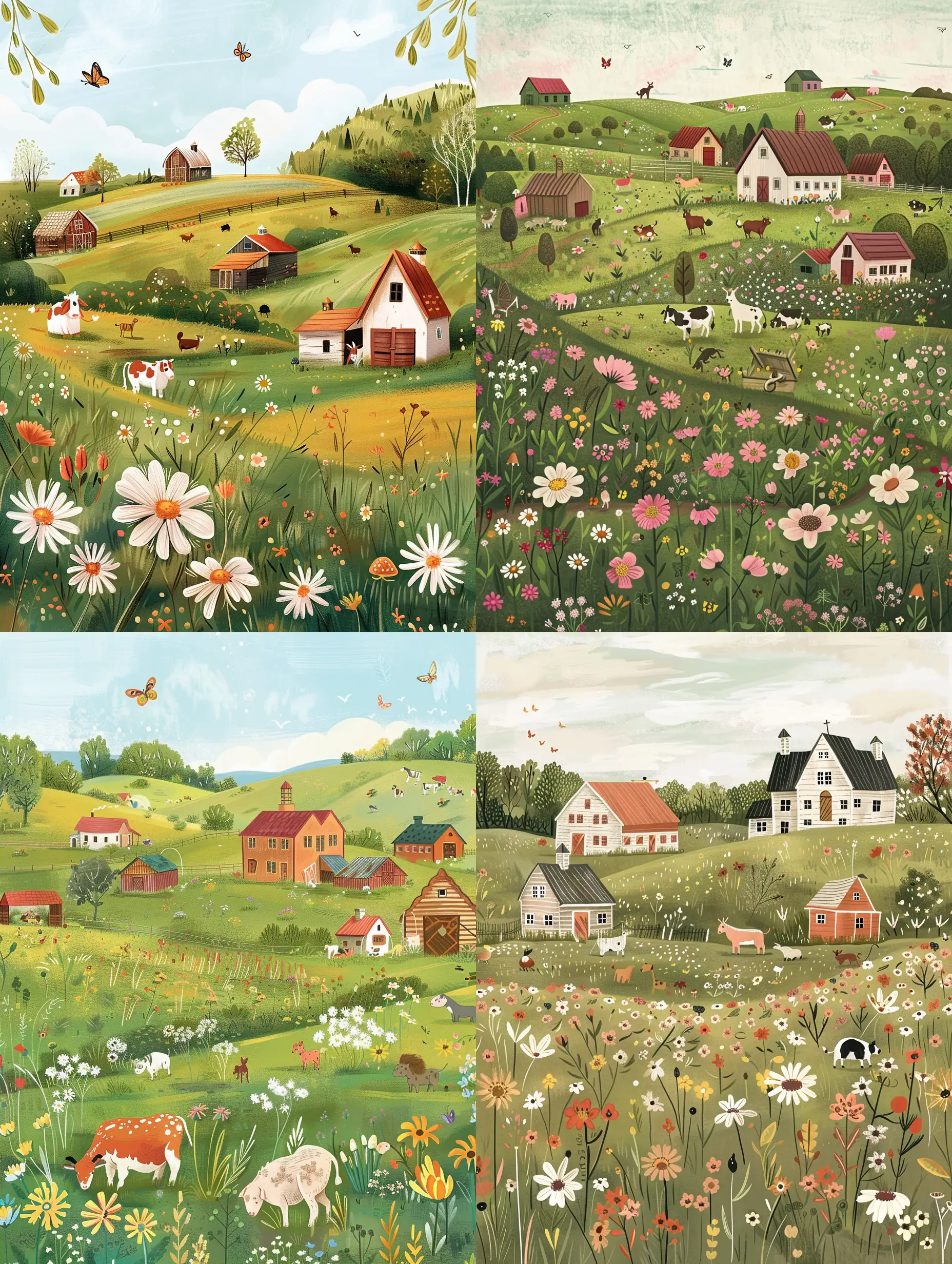 Subject: The main subject of the image is a farm located in a meadow for a children's book
Setting: The background depicts a serene countryside, evoking a sense of tranquility and natural beauty. The contrast between the farm buildings and the calming tones of the flowering field creates visual interest and depth.
Style/Coloration: The style of the image characterized by clean lines, and vivid colors. The use of rich colors enhances the overall warmth and vibrancy of the scene.
Action or elements: On the farm you can see well-defined animals. There may be additional elements in the scene, such as fluttering butterflies or a gentle breeze rustling the flowers, contributing to the overall feeling of tranquility.