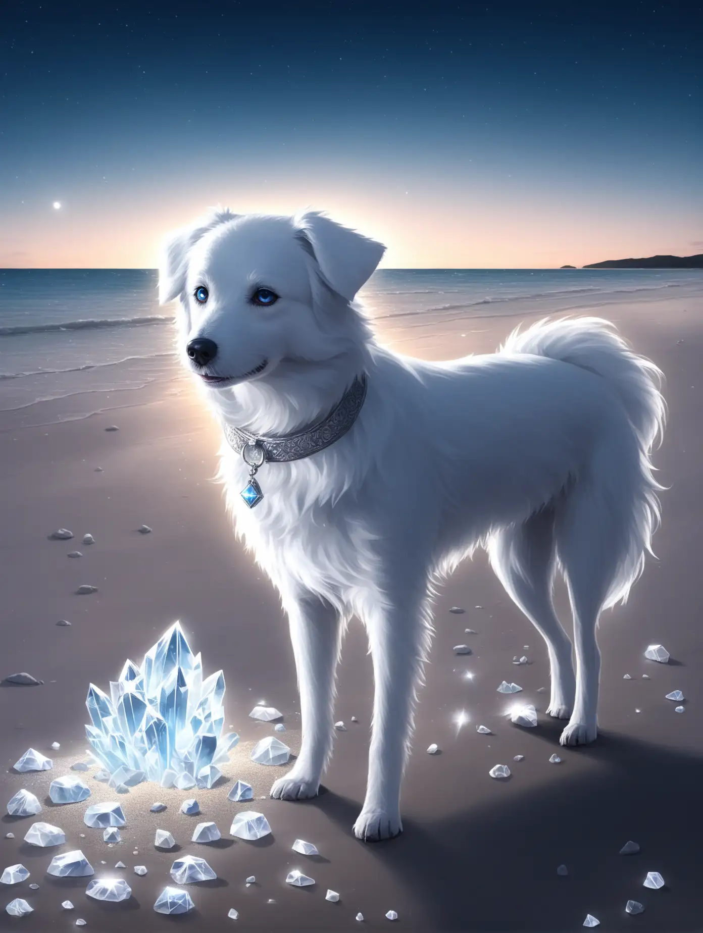 a white dog on the beach and glowing white crystal stones