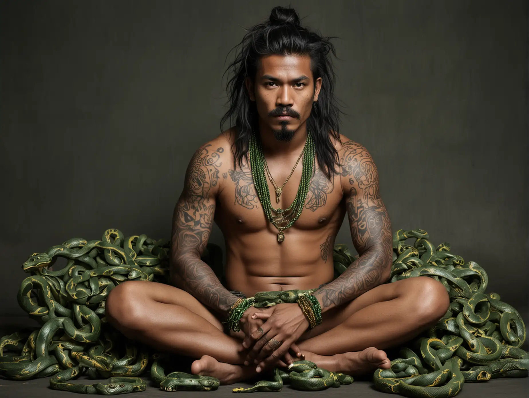 Muscular Indonesian Man Covered in Green Pythons and Snakes | AI Image  Generator