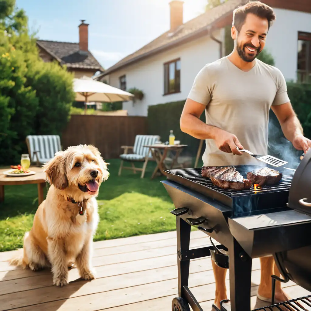 Imagine a backyard scene where a small, fluffy dog, eyes wide with anticipation, is staring intently at a human grilling steaks on a barbecue. The human, focused on cooking, is unaware of the dog's hopeful gaze. The setting is sunny and cheerful, typical of a relaxed weekend afternoon. The dog's expression is one of unwavering hope and slight impatience, embodying the essence of optimism. Above the scene, a caption reads: "Optimism is waiting for someone to drop that steak." The overall tone is humorous and light-hearted, capturing a common and amusing moment between pet and owner. The dog needs to be sitting beside the grill watching the human grill the steaks, no words just picture, keep the same dog and show anticipation on his face