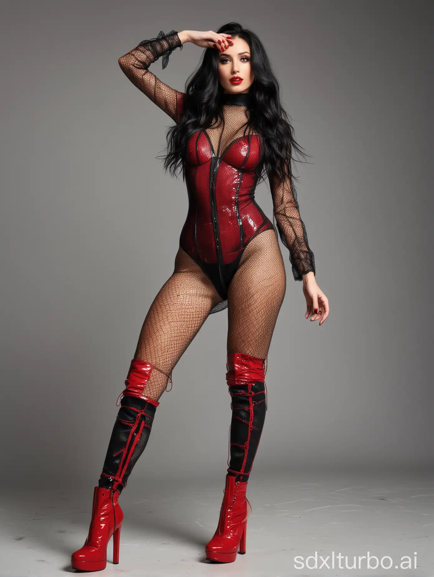 sexy woman with long black waving hair wearing red high-heeled boots, dressed in a black fishnet bodysuit