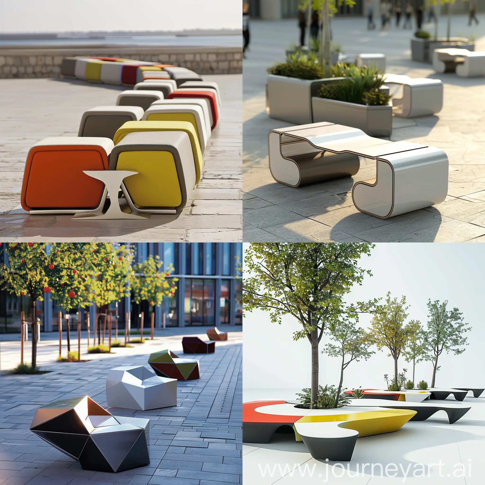 Modular Seating:Design modular seating for urban parks and busy public spaces with a minimalist and Bauhaus-inspired style. The seating should feature geometric forms with clean lines and subtle curves, constructed from stainless steel or powder-coated aluminum. Incorporate modular components measuring 1 meter x 1 meter, with predominantly neutral tones and occasional bright color accents. The design should be flexible, allowing for various configurations, and include interactive elements like swiveling seats or movable backrests to engage younger users. The seating should be durable, easy to maintain, and suitable for global use.                                       
Form & Shape:Geometric, clean lines with occasional subtle curves for a playful touch.
Modular components that can be reconfigured to suit various spaces.                                     
Structure:Combination of metal sheets and rods.
Structural integrity through minimalist frameworks and supports.                                          
Dimensions:Standard module size: 1 meter x 1 meter, customizable for different configurations. 
Materials:Stainless steel or powder-coated aluminum for durability and ease of maintenance. Color:Predominantly neutral tones (black, white, grey) with occasional bright color accents (e.g., red, yellow).                                                  Features:Modular Flexibility: Easily reconfigurable to adapt to different needs.
Interactive Elements: Swiveling seats or movable backrests for added engagement.              Location:Various configurations throughout urban parks, plazas, and busy public spaces.