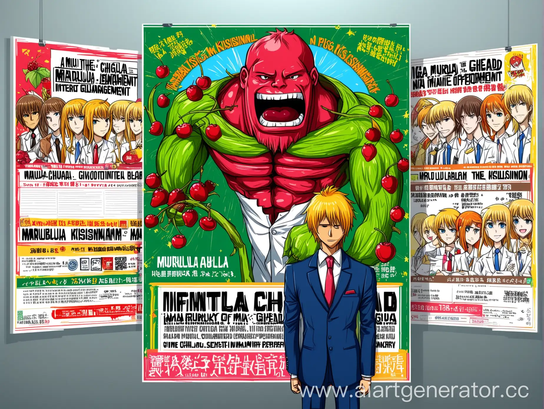 A colorful and emotional poster with an invitation to an internal conference in the field of personnel management. Write the text in a separate font (Marula_Kislinky). On the poster, depict a Giga chad man with a berry body in a business office suit in the style of drawing anime Bleach.