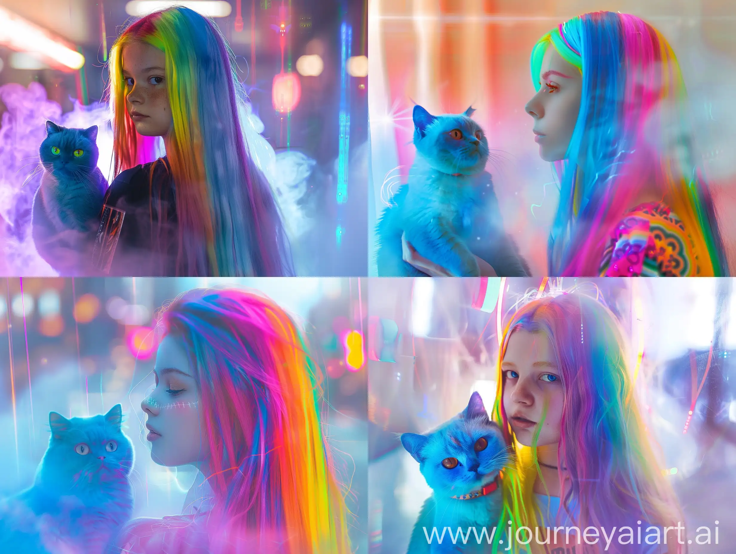 Cyberpunk-Girl-with-Rainbow-Hair-and-Blue-Cat-in-Laser-Haze