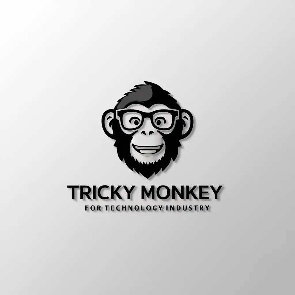 a logo design,with the text "Tricky Monkey", main symbol:smiling monkey head with glasses, opened eyes, and beard,Minimalistic,be used in Technology industry,clear background