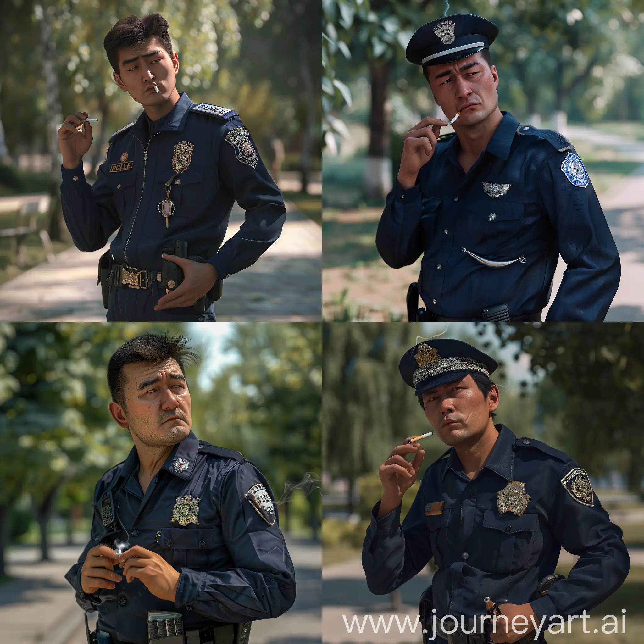 мужчина казахской внешности, в полицейской одежде, в руках сигарета, стоит щурясь, задний фон парк, реалистично, 8к, гипер реализм, супер детализация