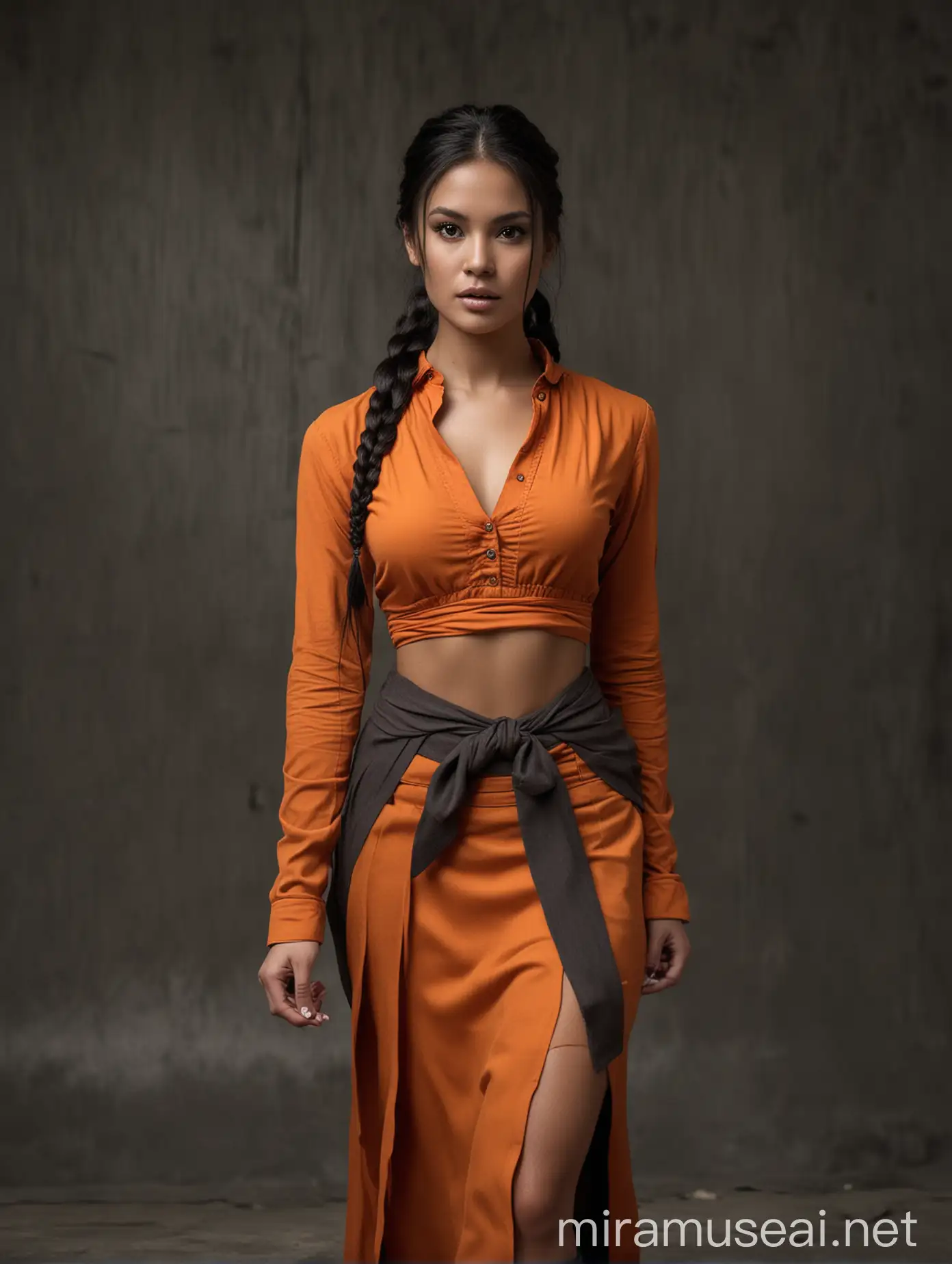 Young woman, Peruvian, dark black hair tied in a long braid with a brown hair tie, orange dress with long sleeves, an upturned collar, two slits on either side of the skirt, and dark grey pants, dark, cinematic, epic, sexy, cute