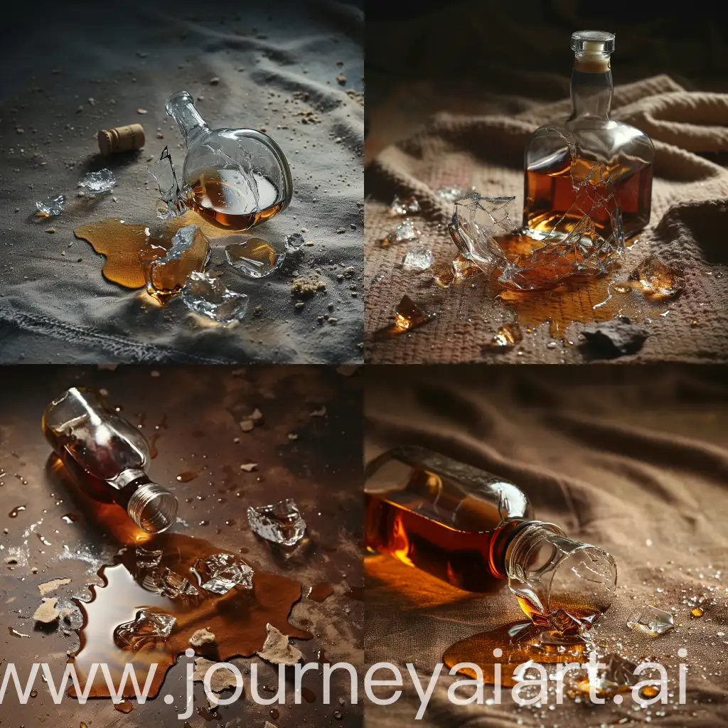 Broken-Whiskey-Bottle-on-Soft-Fabric-Dark-Top-View-with-Clear-Glass-and-Wet-Stain
