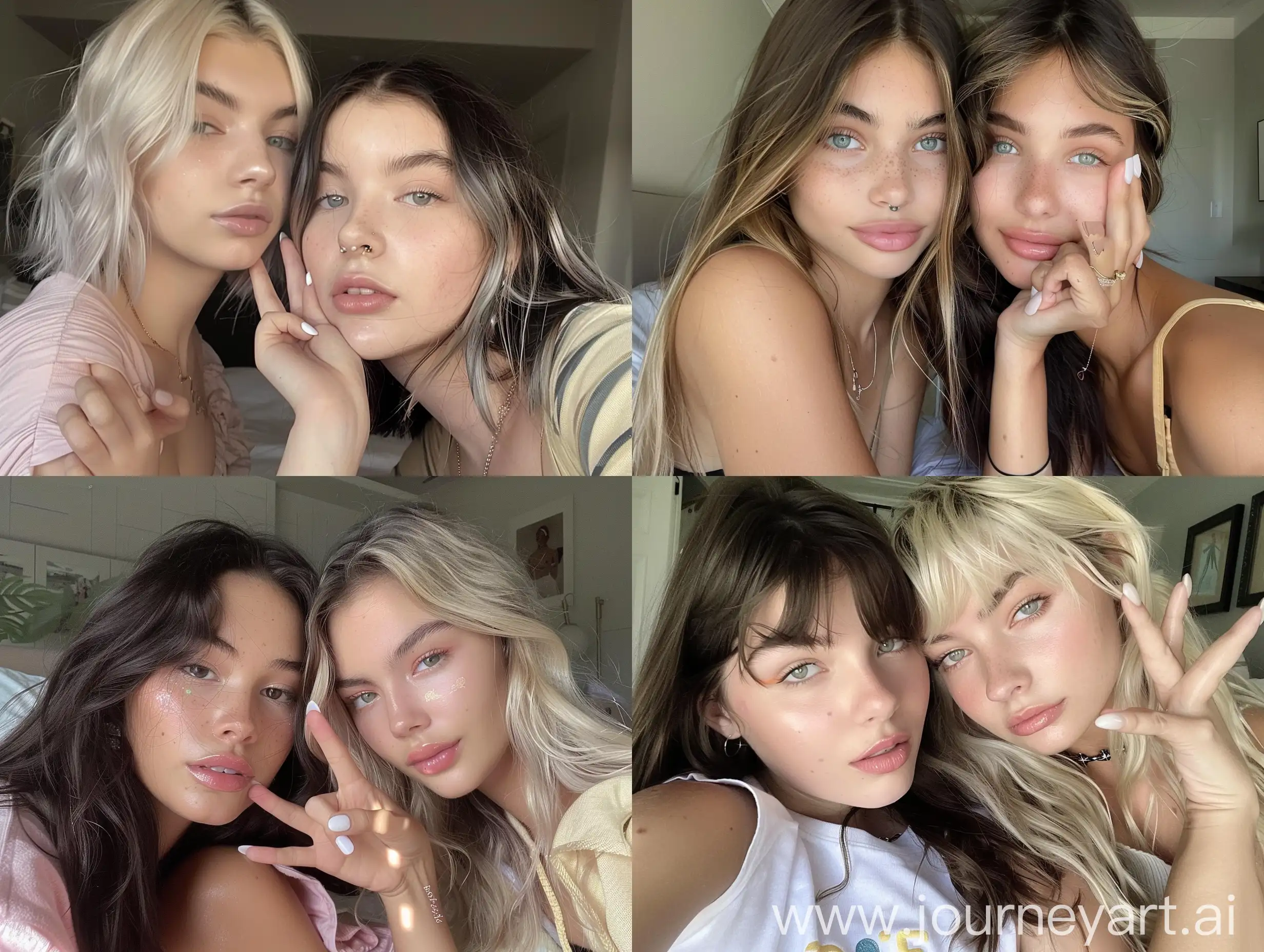 Aesthetic instagram selfie of a teenage girl influencer with her average looking best friend, two girls, one super model, one average looking, different hairstyles, romantic, cute, in bedroom, white gel nail polish, close up selfie