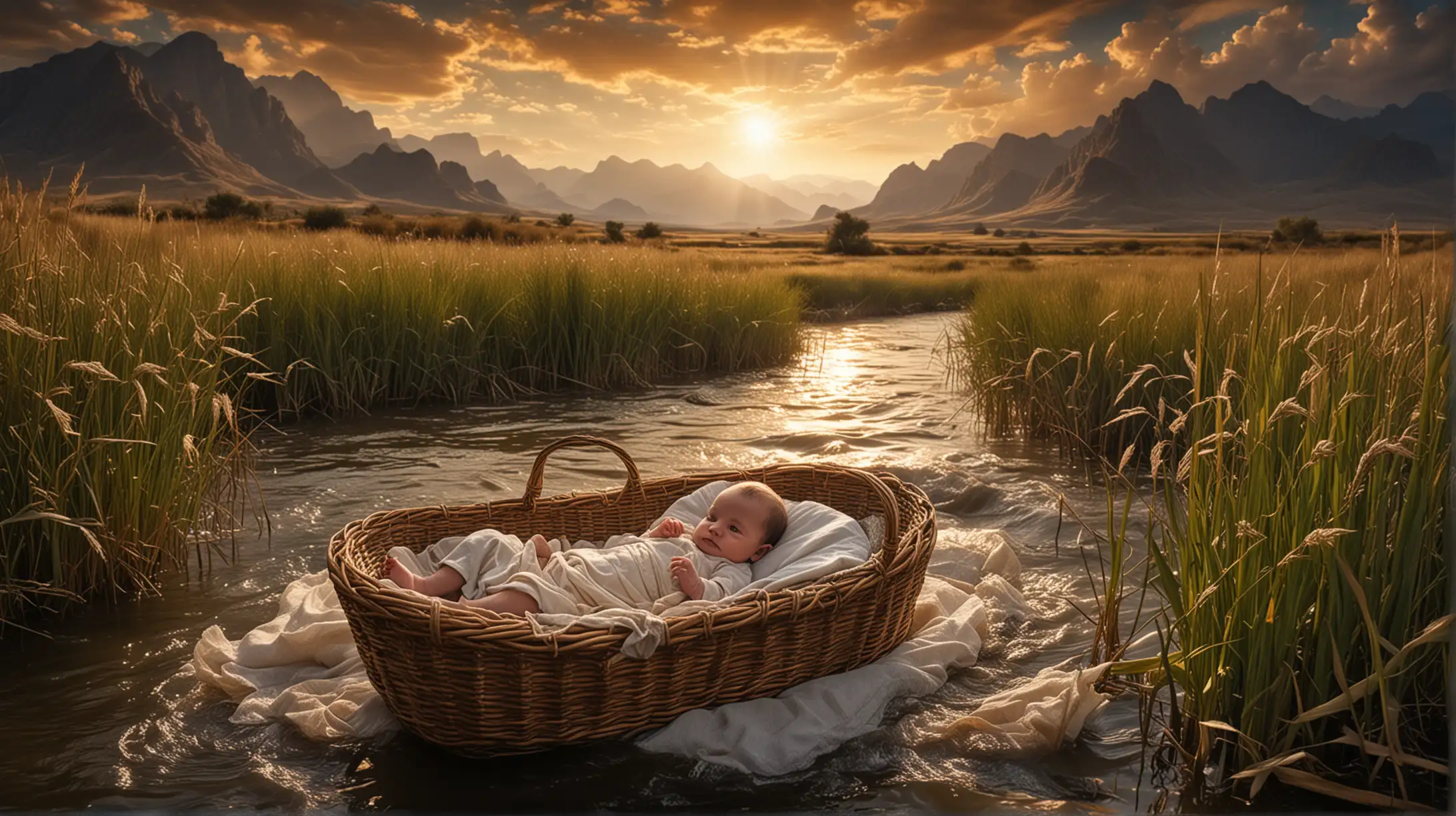 A baby in a moses basket, floating in a river, among the reeds. Mountains in the distance, and a magnificent sky, during the era of the Biblcal Moses.